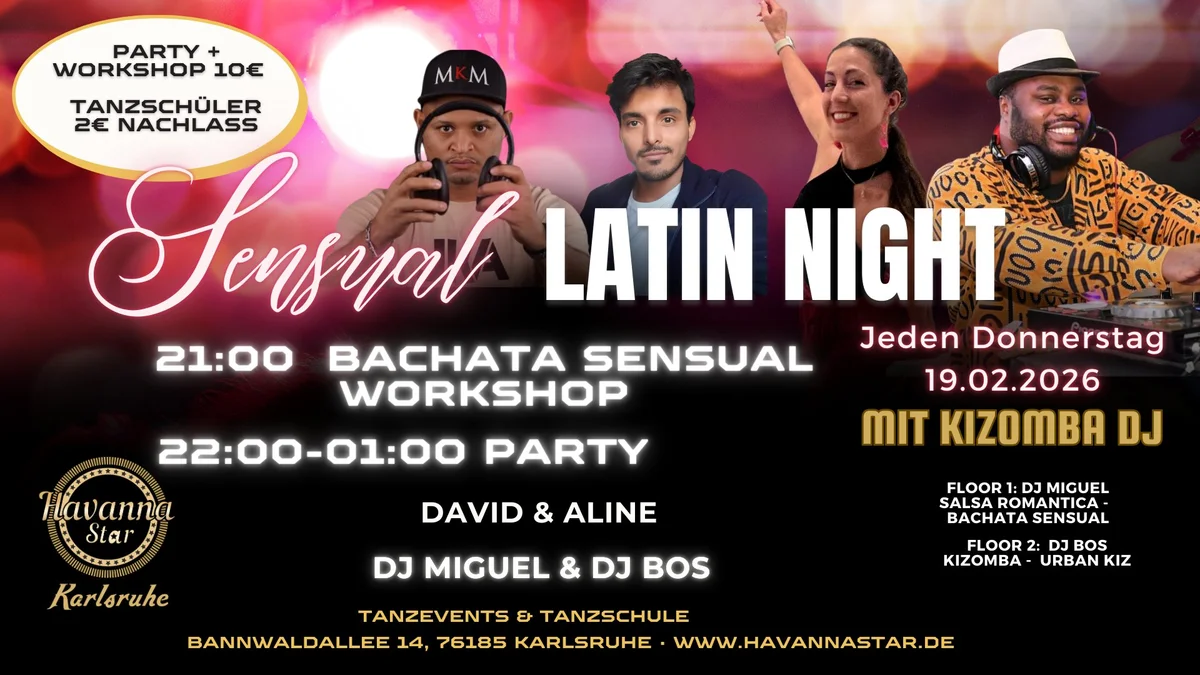 Latinparty mit Bachata Sensual Workshop ⭐️Mit Kizombaraum⭐️